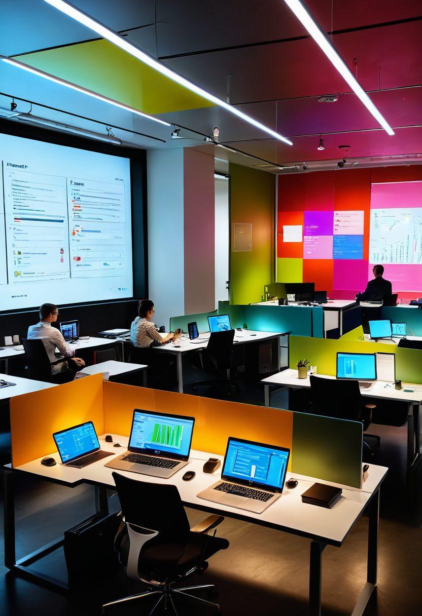 A sleek, modern office workspace featuring a diverse group of professionals collaborating over large digital screens displaying colorful data visualizations and charts. Include elements like sticky notes and laptops to suggest brainstorming and organization. The atmosphere should convey focus and efficiency, with warm lighting enhancing creativity. super-realistic. vibrant colors. minimalist design.