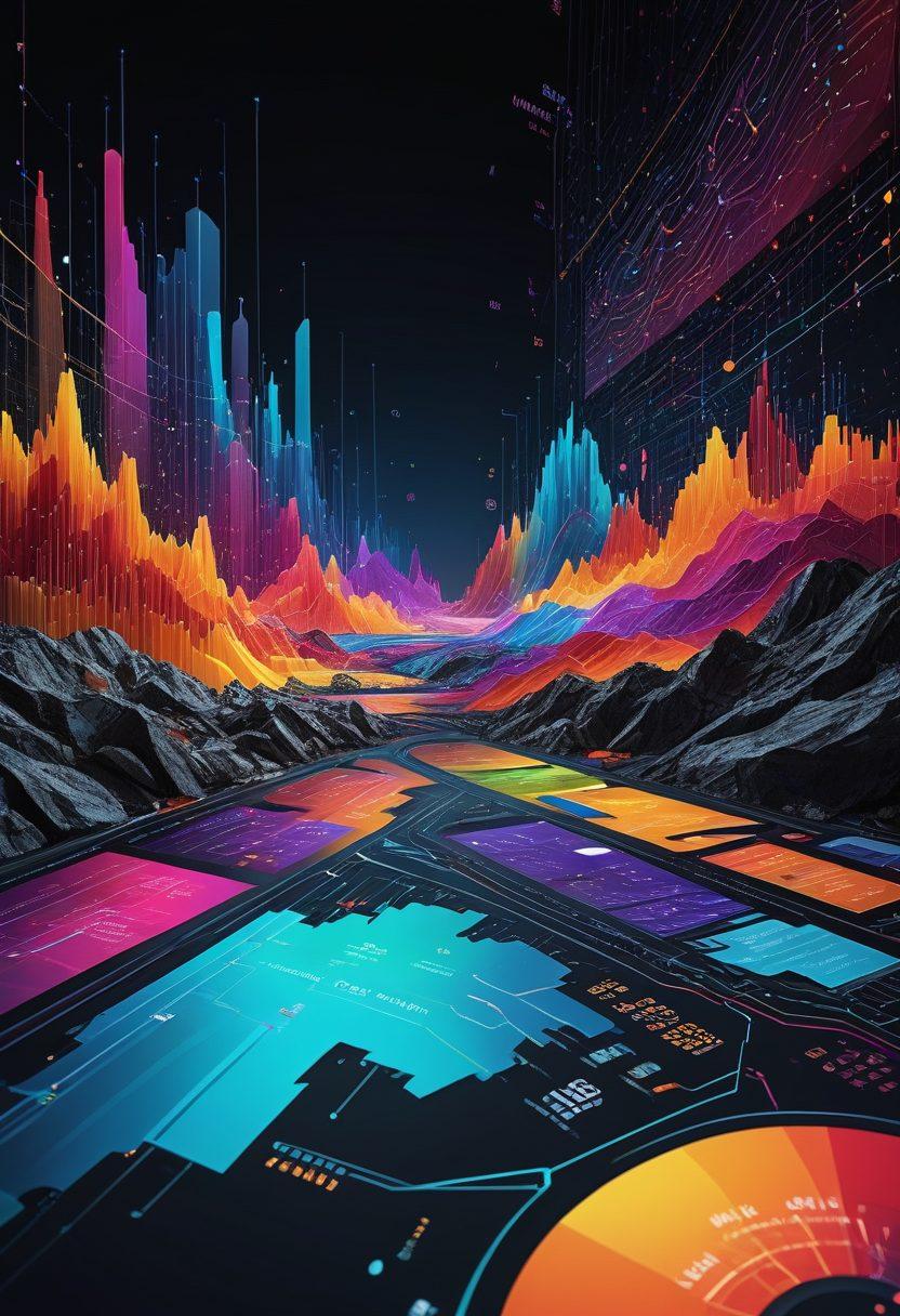 A dynamic visualization of data transforming into insightful graphics, featuring a collage of text snippets, charts, and analytical tools. Include an array of vibrant colors to signify different data types, with abstract representations of mining and analysis processes. The background should depict a digital landscape, blending technology and creativity. super-realistic. vibrant colors. digital art.